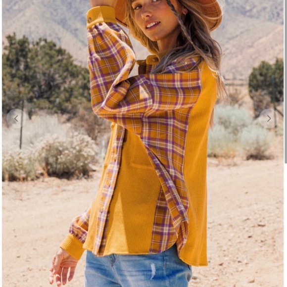 New! Mustard Plaid Corduroy Button Up Shirt Relaxed Top. - Picture 2 of 5